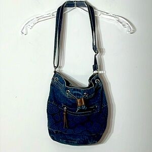 🌞 Vintage Blue denim blue lace bucket bag shoulder bag hobo bag Velcro closure